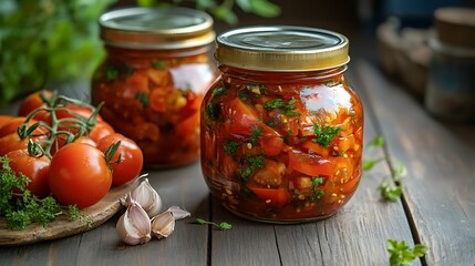 Two Jars of Preserved Tomatoes with Fresh Tomatoes and Garlic