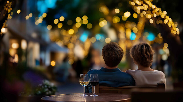 Background blur of trees and fairy lights as a couple shares a quiet moment over wine Working for the benefit of people using copy space