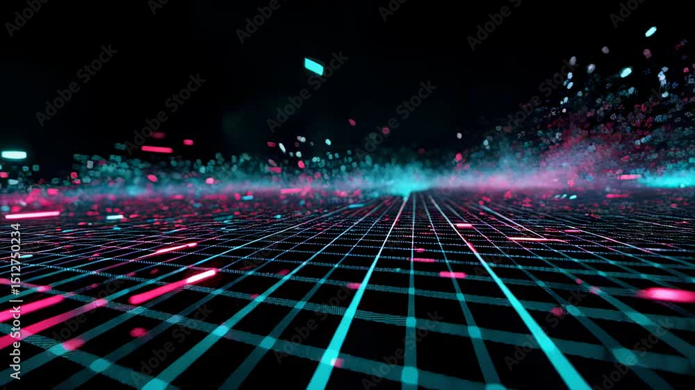 Poster abstract grid with neon lights and particles