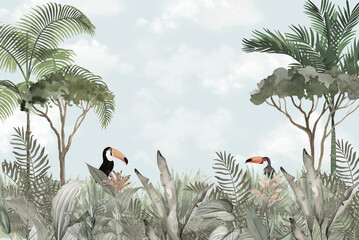 African Wildlife Wall Mural: Elephant & Toucan Amidst Verdant Foliage Scene © csinie1