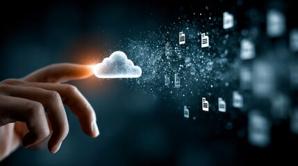Touching the Clouds A Hand Interacts with Digital Data Storage and File Transfer Technology