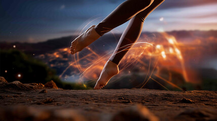 Dynamic lowangle shot of a womans foot extended in a strong kick suspended between real and virtual worlds with epic glowing landscapes in the background Wo