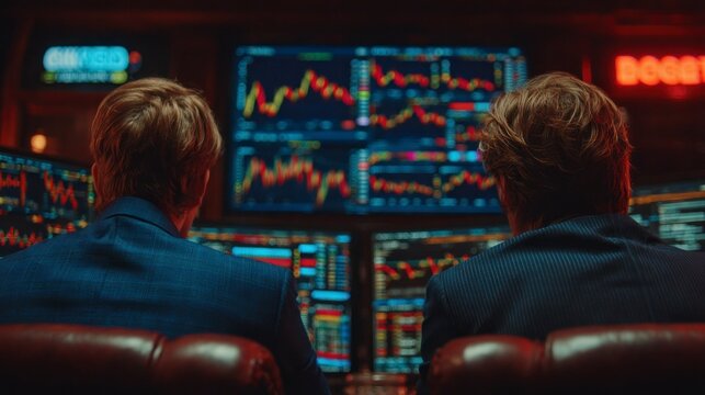 Two Business Professionals Analyzing Financial Data on HighTech Screens in a Modern Trading Ro
