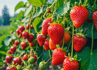 Strawberry Sunrise Harvest Ripe Red Fruits Hanging in Morning Garden Glory