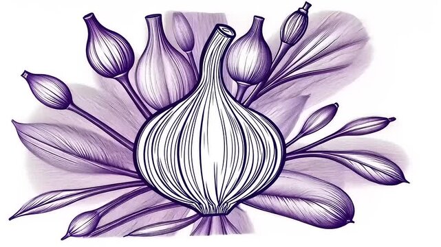 Animated drawing of a garlic bulb with flower buds and leaves in bloom