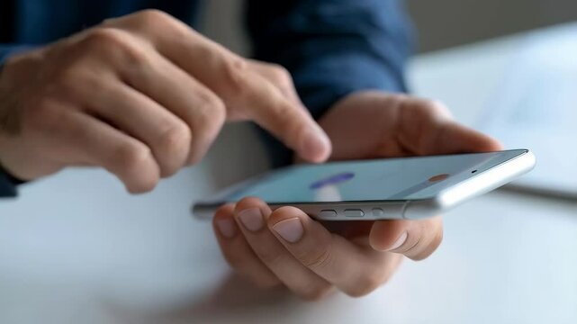 Close-up of person using a silver mobile smartphone with finger touching the screen in office setting