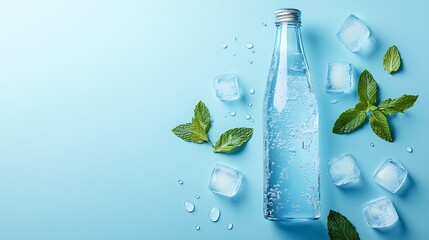 Refreshing Glass Bottle of Sparkling Water with Ice Cubes and Mint Leaves
