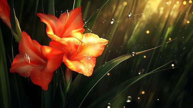 Orange Gladiolus Flowers with Water Droplets and Sunlight on Green Stalks