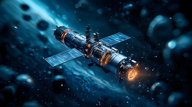 A sleek advanced space satellite suspended in orbit its communication systems projecting a holographic grid across the cosmos representing the cutting edge of interstellar technology