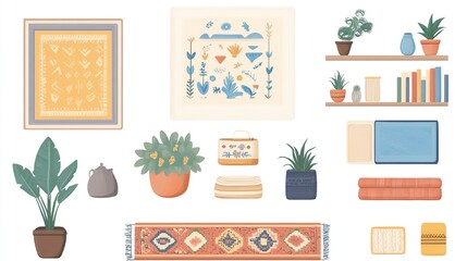 Home decor elements, including rugs, wall art, plants, and accessories, displayed in a flat lay style