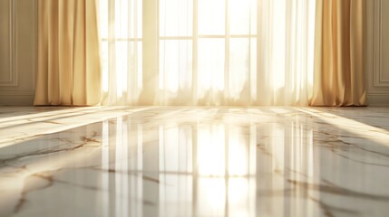 Reflection of the sun on a beautiful, shiny marble floor, light coming through a window, minimalist design generative ai
