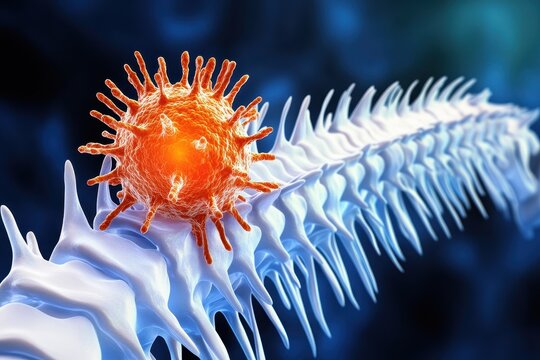 A vibrant orange virus particle rests atop a detailed, translucent rendering of a spinal column against a blurred blue-green background