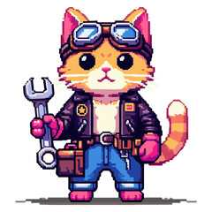 A pixelated mechanic cat with glasses and a wrench on a white insulated background. Vector graphics. EPS.