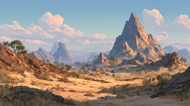 concept art for animated series | worldbuilding harmony | exploratory calm | sunlit earth tones | dynamic diagonal | anachronistic details | realistic texture buildup | direct observation rendering |