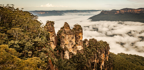 The rock formations known as The Three Sisters, in the Blue Mountains, Katoomba, New South Wales, Australia.