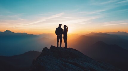 Silhouetted couple embracing on mountain peak during breathtaking sunset panorama