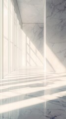 Sunlight filters through large windows onto a pristine marble floor in a minimalist art gallery. generative ai