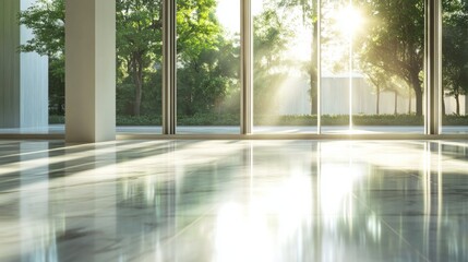 Sunlight filters through large windows onto a pristine marble floor in a minimalist art gallery. generative ai