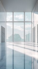 Sunlight filters through large windows onto a pristine marble floor in a minimalist art gallery. generative ai
