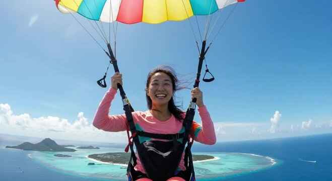 Happy woman parasailing over tropical ocean with bright sky  