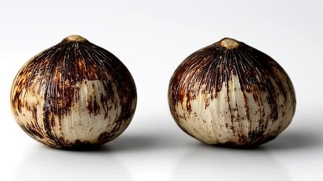 Studio close-up shot showcasing the distinctive appearance of two heads of black garlic