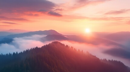 Obraz premium Dawn's Gentle Embrace: Serene Mountain Landscape Bathed in Sunrise Hues