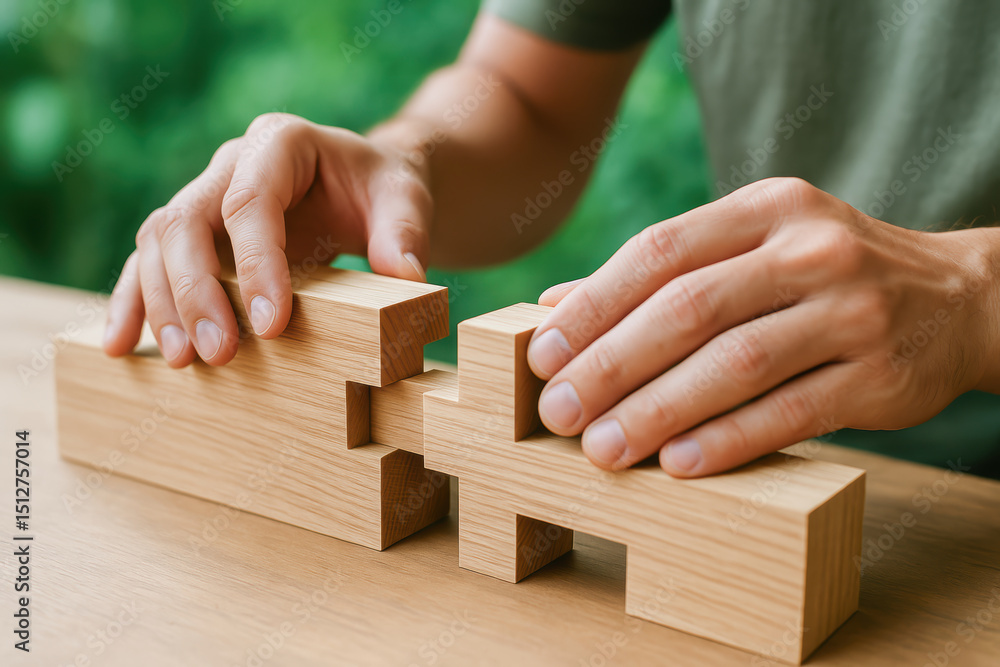 Poster wooden puzzle piece connection with hands symbolizing sustainable engineering work and problem solvi