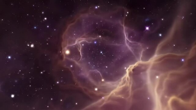 Cosmic Nebula: A vibrant cosmic nebula swirls with shades of purple and orange, stars twinkling in the vast expanse of space. 