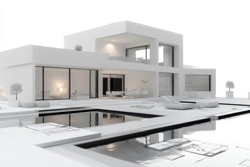 Modern, two-story white house rendering with infinity pool, outdoor furniture, and partial blueprint overlay on a white background