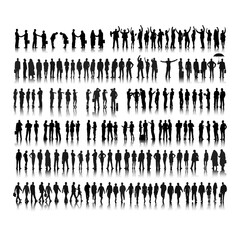 Silhouette vectors of diverse people and business teams in various poses, walking, and fashion illustrations