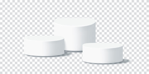 Luxury white podium for antiaging serum bottles. 3D cosmetic display for premium skincare branding. Vector illustration set on transparent background