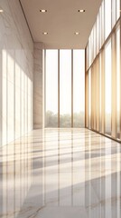 Obraz premium Sunlight filters through tall windows onto a shiny marble floor in a minimalist hallway, generative ai