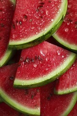 Freshly sliced watermelon glistening with water droplets, perfect for summer refreshment and healthy snacking at a picnic