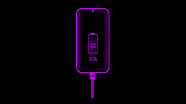 Mobile Phone Charger Icon .Mobile phone icon during charging with type-c charging cable. 4k video