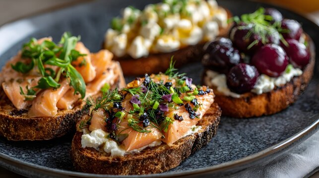 Gourmet toast selection: Smoked salmon, fresh cheese, herbs, and cherry toppings on artisanal bread. A delightful culinary experience.