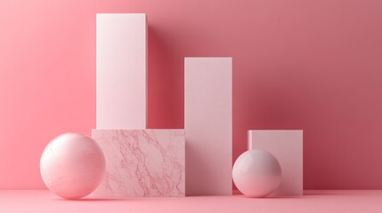 Elegant pink geometric arrangement featuring marble and spheres against a smooth backdrop