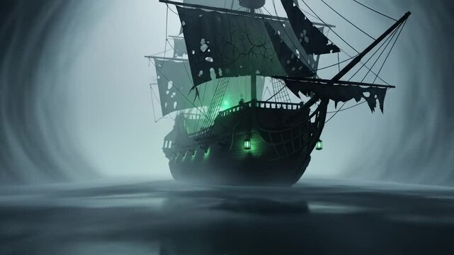 Pirate ship sails towards hidden treasure in mistshrouded cave. Ideal for adventure book covers, game design, or themed posters.