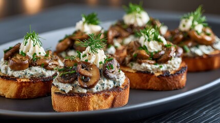 Savory mushroom toasts with herbed cheese spread, topped with fresh dill and chives, served on a dark gray plate. Close-up view.
