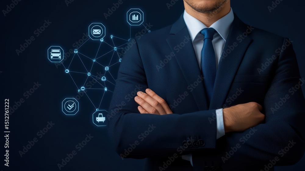 Aufkleber businessman in suit with data network icons representing communication and technology in dark backgr