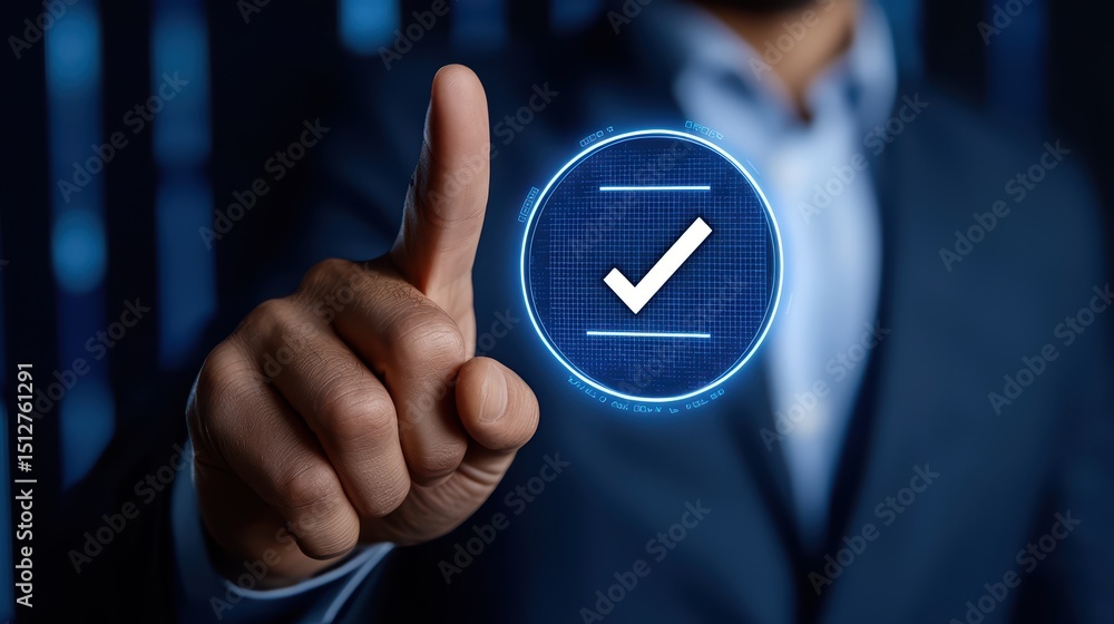 Poster businessman using touchscreen technology to confirm successful data processing with digital checkmar