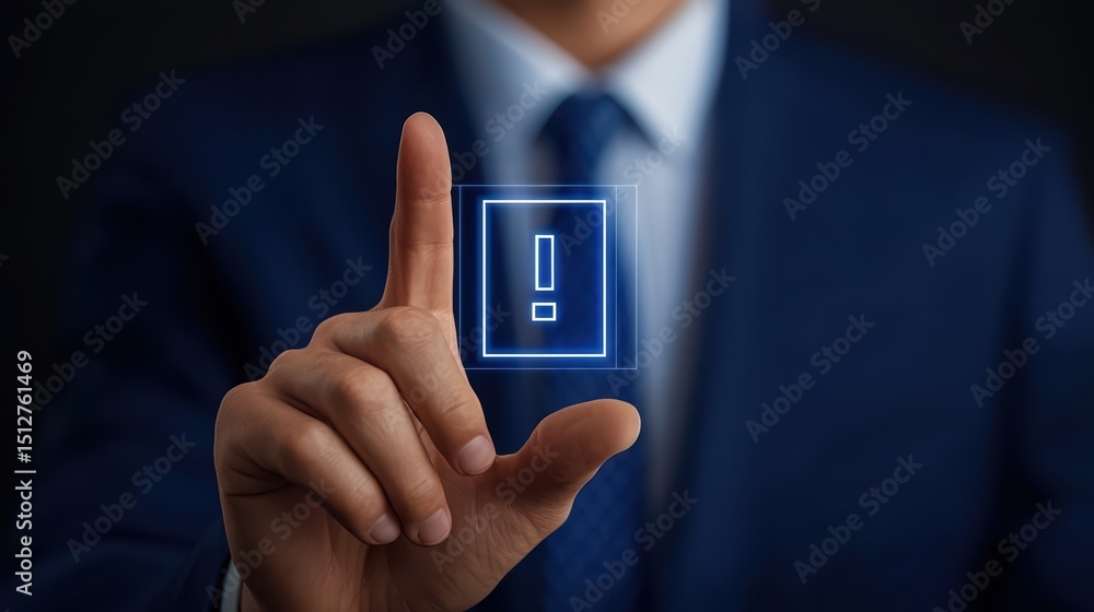 Poster businessman using digital touchscreen technology for alert notification with exclamation mark in dar