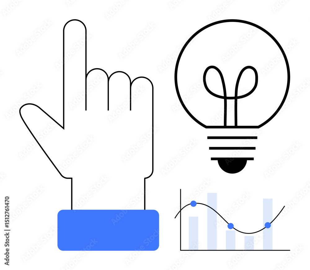 Poster index finger pointing upward beside a glowing light bulb and a graph with line and bar elements. ide