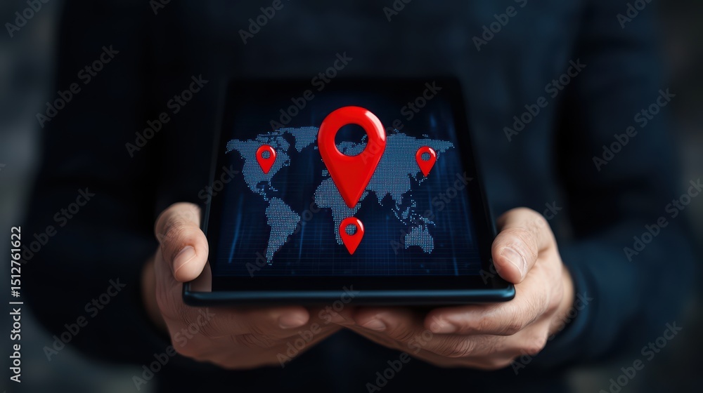 Poster digital map with location pins displayed on a tablet screen held by a person in a dark environment