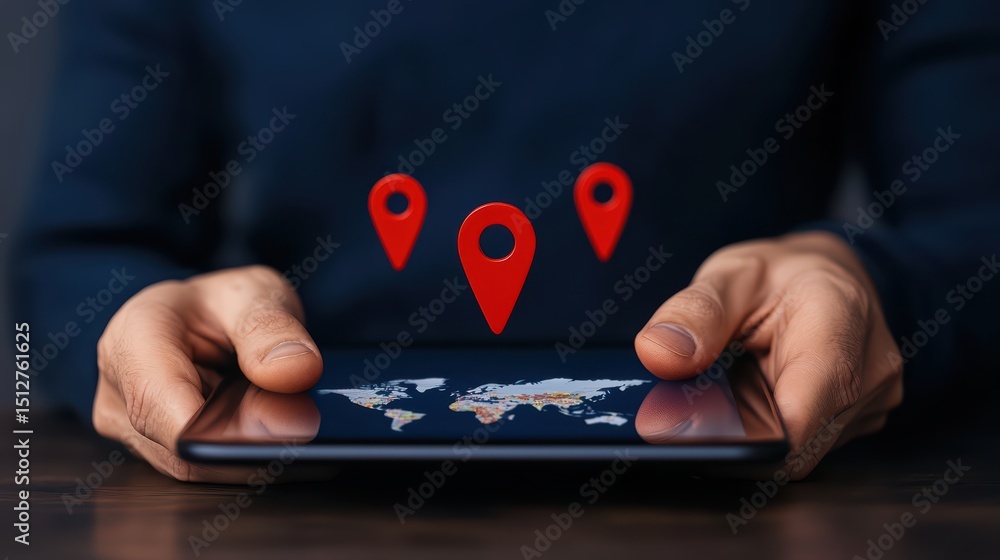 Poster hands holding a tablet displaying a world map with location pins illustrating navigation and trackin