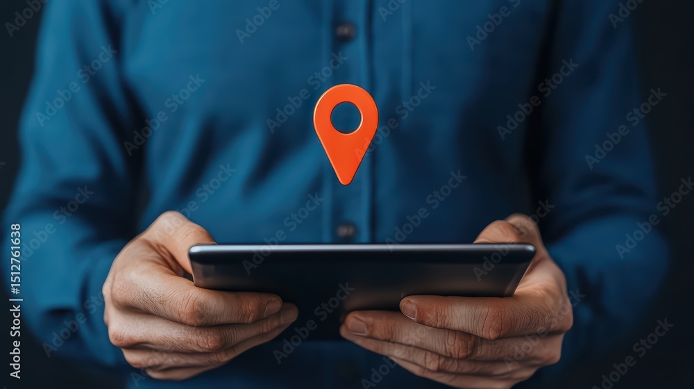 Poster hands holding tablet with location pin overlay for navigation and mapping concepts in digital techno