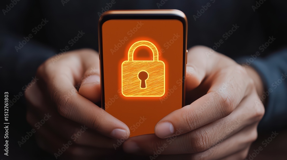Poster hands holding smartphone with digital lock symbolizing cybersecurity and data protection concept