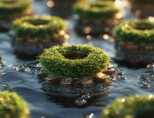Floating Green Grass Gears In Water