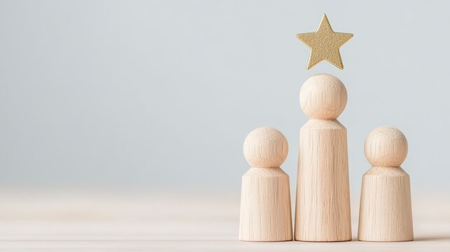 Wooden figures representing success and achievement with a star on top on a light background