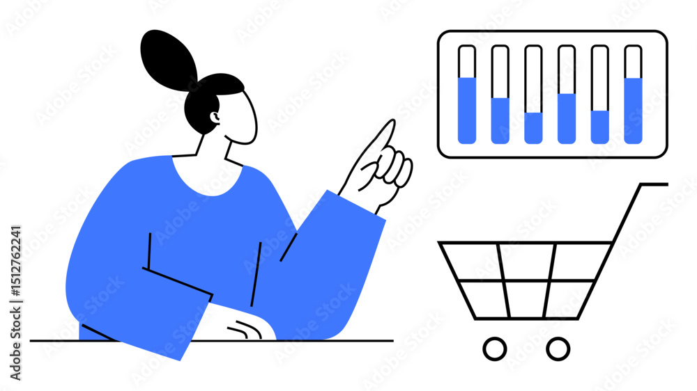 Poster woman pointing at data chart with vertical bars, next to a shopping cart. ideal for analytics, e-com