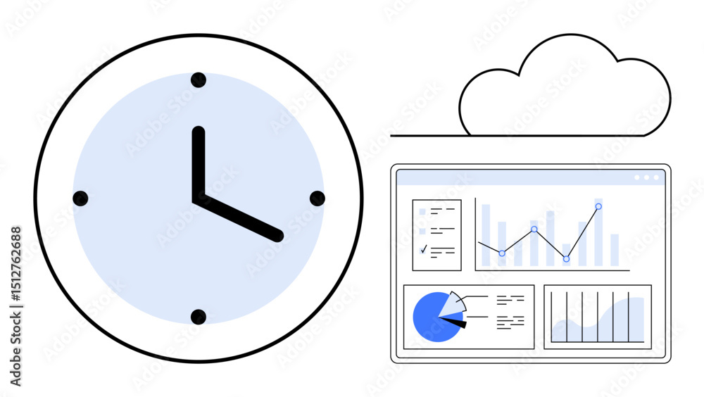 Poster clock representing time management alongside a cloud-connected dashboard with graphs and charts. ide
